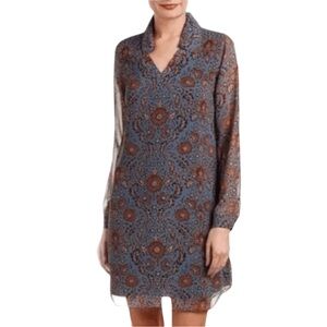 CAbi Blue and Brown Floral Patterned Long Sleeve Tunic Dress